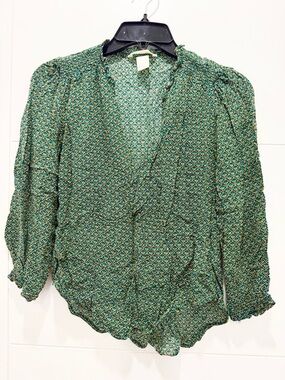H&M Green Patterned Wrap-Style V-Neck Blouse